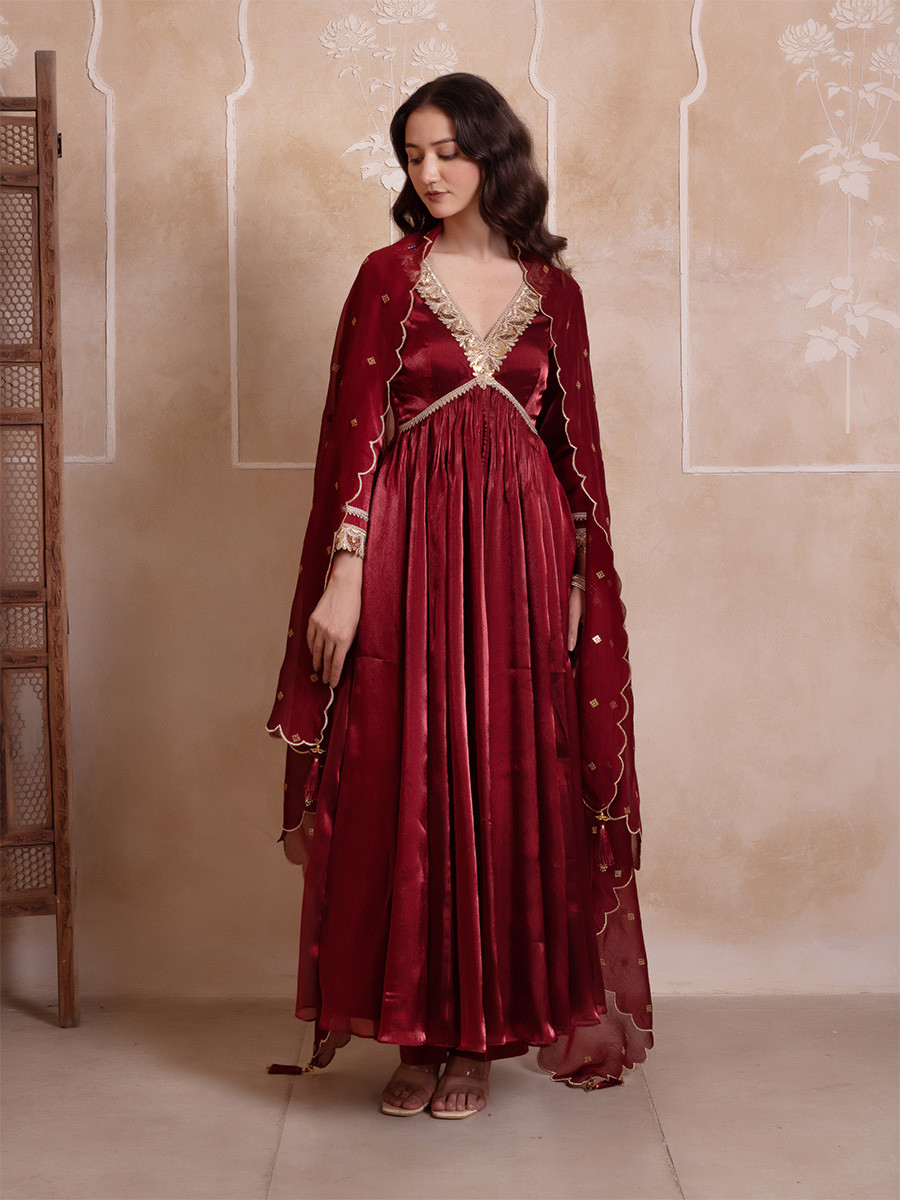 Maroon Organza Embroidery Wedding Party Festival Casual Ready Anarkali Pant Salwar Kameez