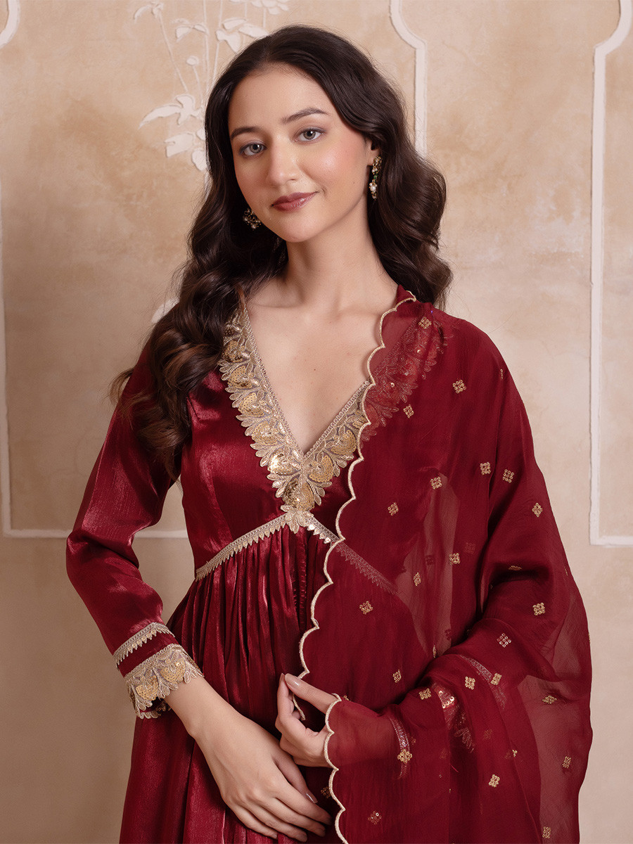 Maroon Organza Embroidery Wedding Party Festival Casual Ready Anarkali Pant Salwar Kameez