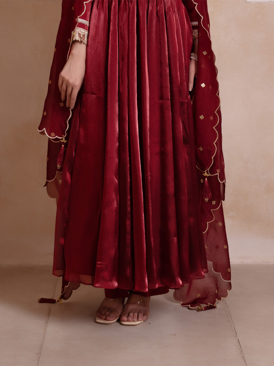 Maroon Organza Embroidery Wedding Party Festival Casual Ready Anarkali Pant Salwar Kameez
