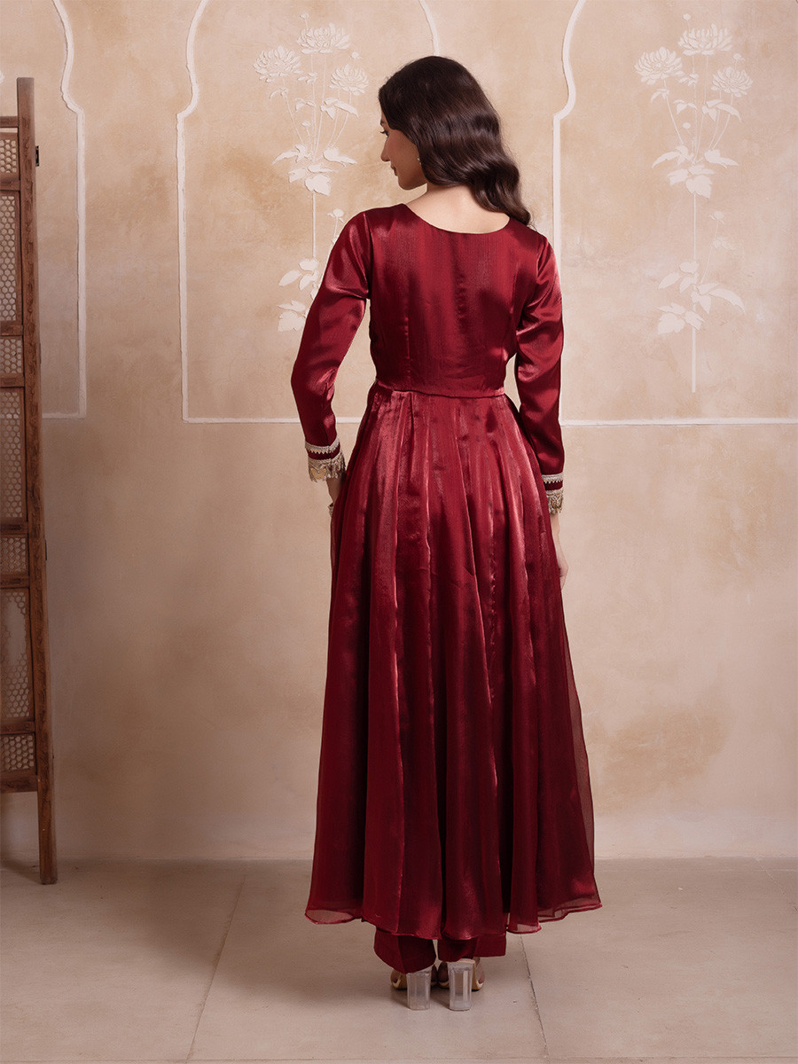 Maroon Organza Embroidery Wedding Party Festival Casual Ready Anarkali Pant Salwar Kameez