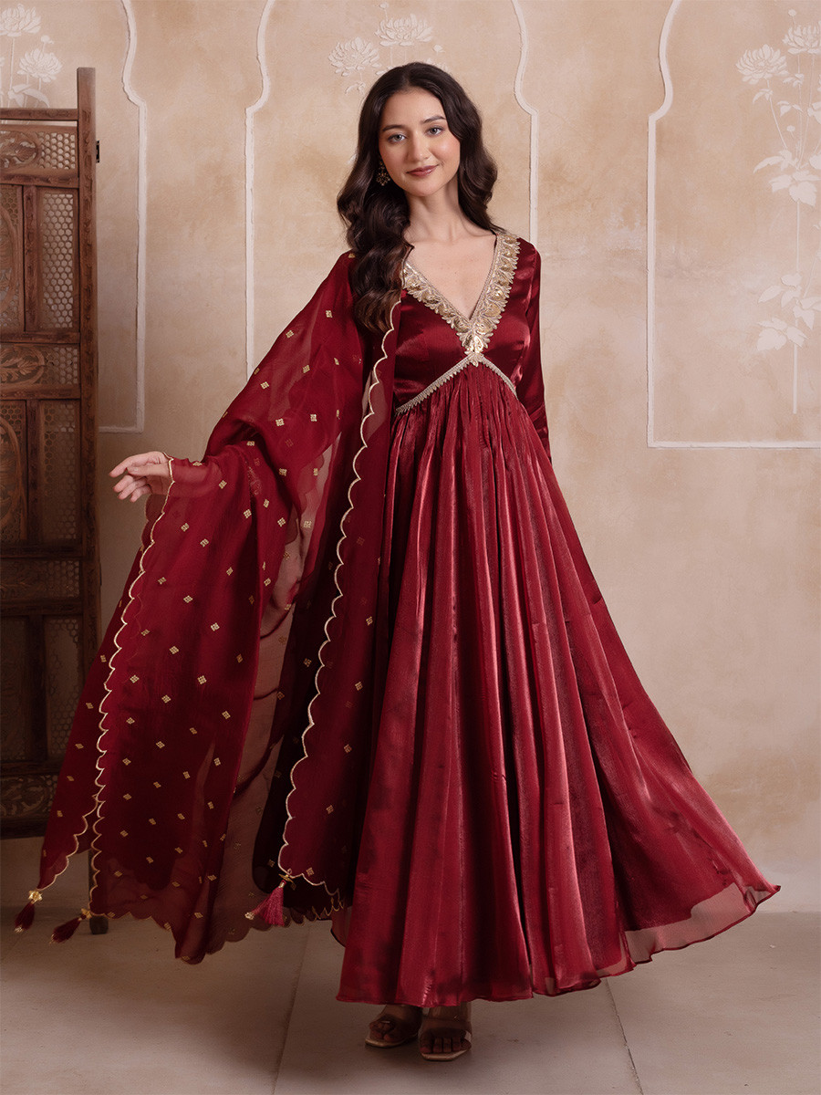 Maroon Organza Embroidery Wedding Party Festival Casual Ready Anarkali Pant Salwar Kameez
