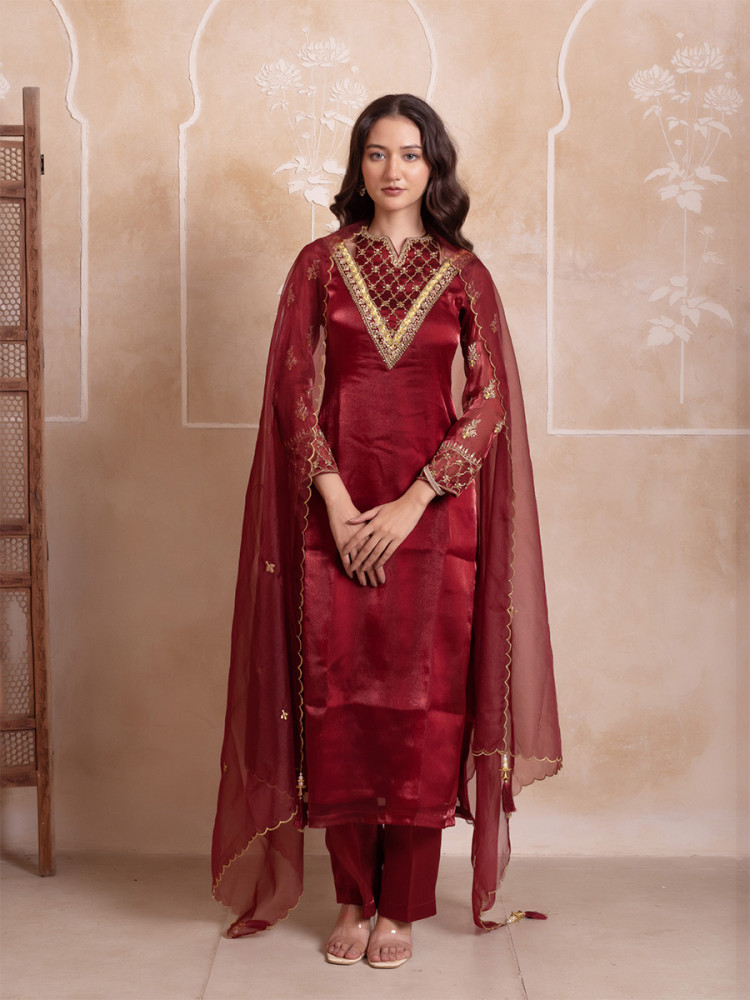 Image of Maroon Organza Embroidery Wedding Party Festival Casual Ready Palazzo Pant Salwar Kameez
