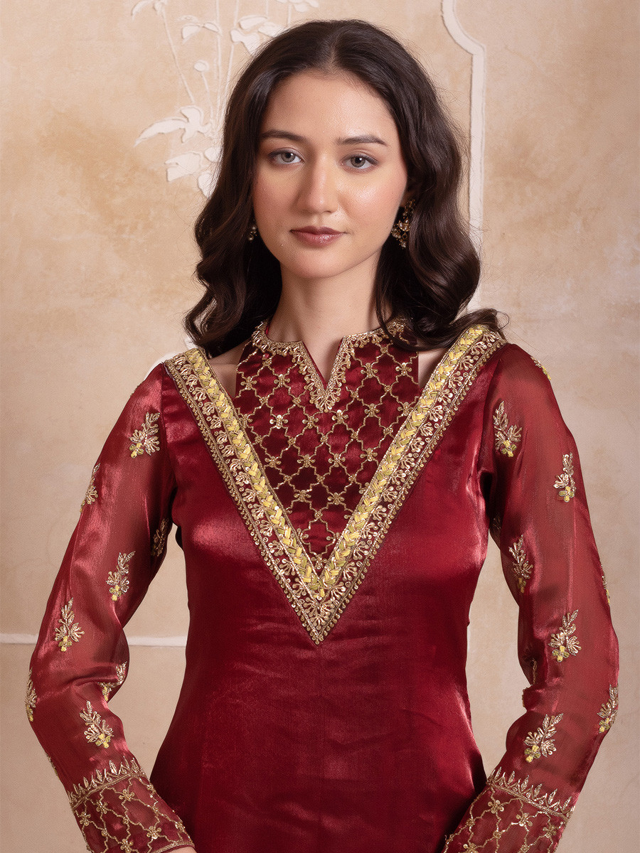 Maroon Organza Embroidery Wedding Party Festival Casual Ready Palazzo Pant Salwar Kameez