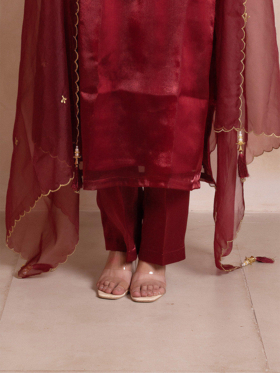 Maroon Organza Embroidery Wedding Party Festival Casual Ready Palazzo Pant Salwar Kameez