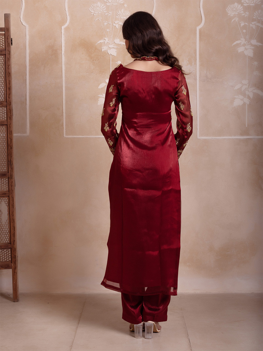 Maroon Organza Embroidery Wedding Party Festival Casual Ready Palazzo Pant Salwar Kameez