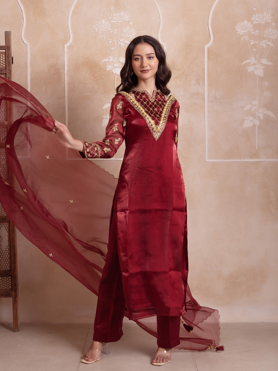 Maroon Organza Embroidery Wedding Party Festival Casual Ready Palazzo Pant Salwar Kameez
