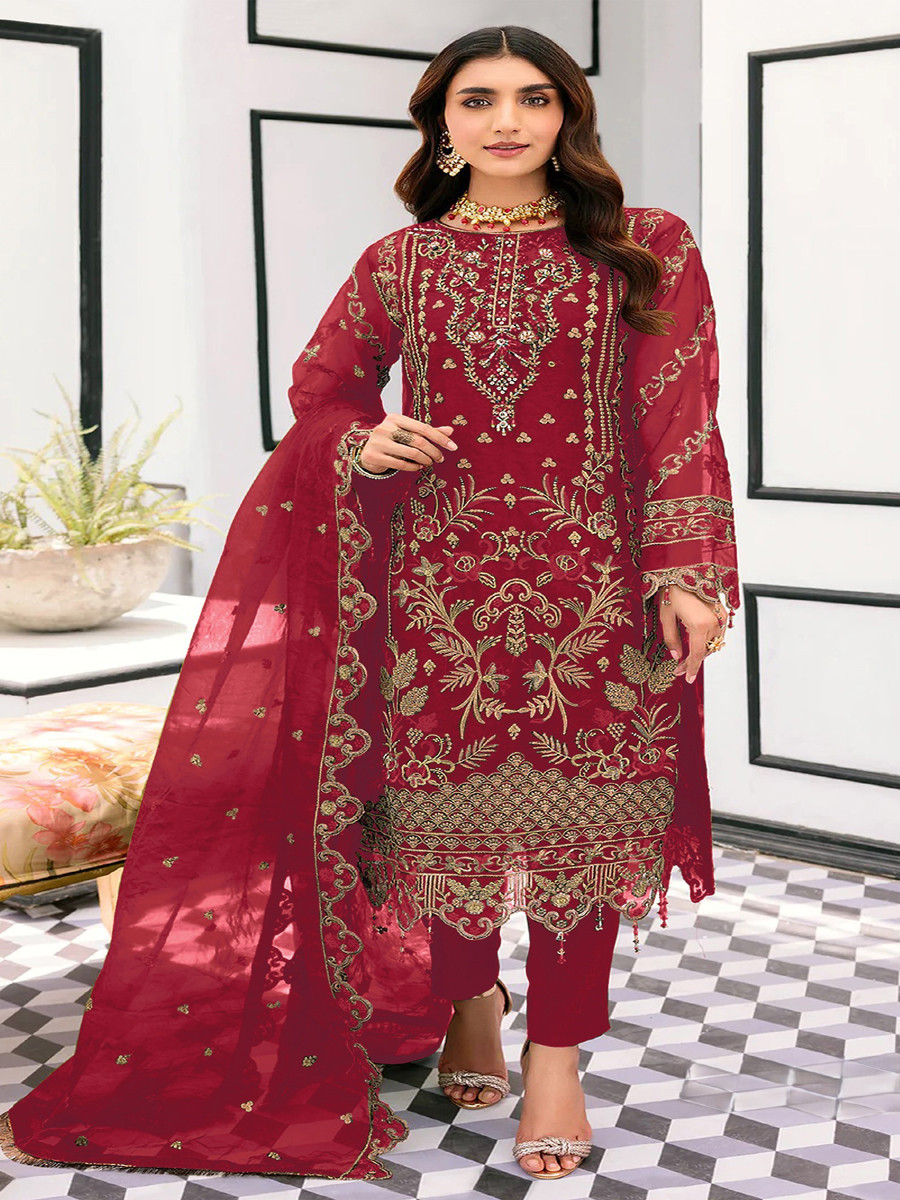 Maroon Organza Embroidery Zari Sequins Wedding Party Festival Casual Engagement Pant Salwar Kameez