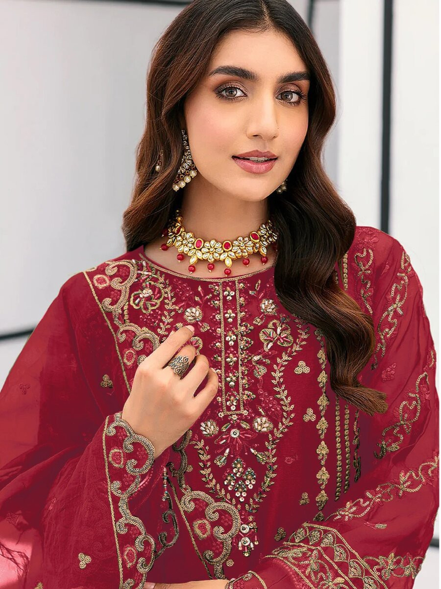 Maroon Organza Embroidery Zari Sequins Wedding Party Festival Casual Engagement Pant Salwar Kameez