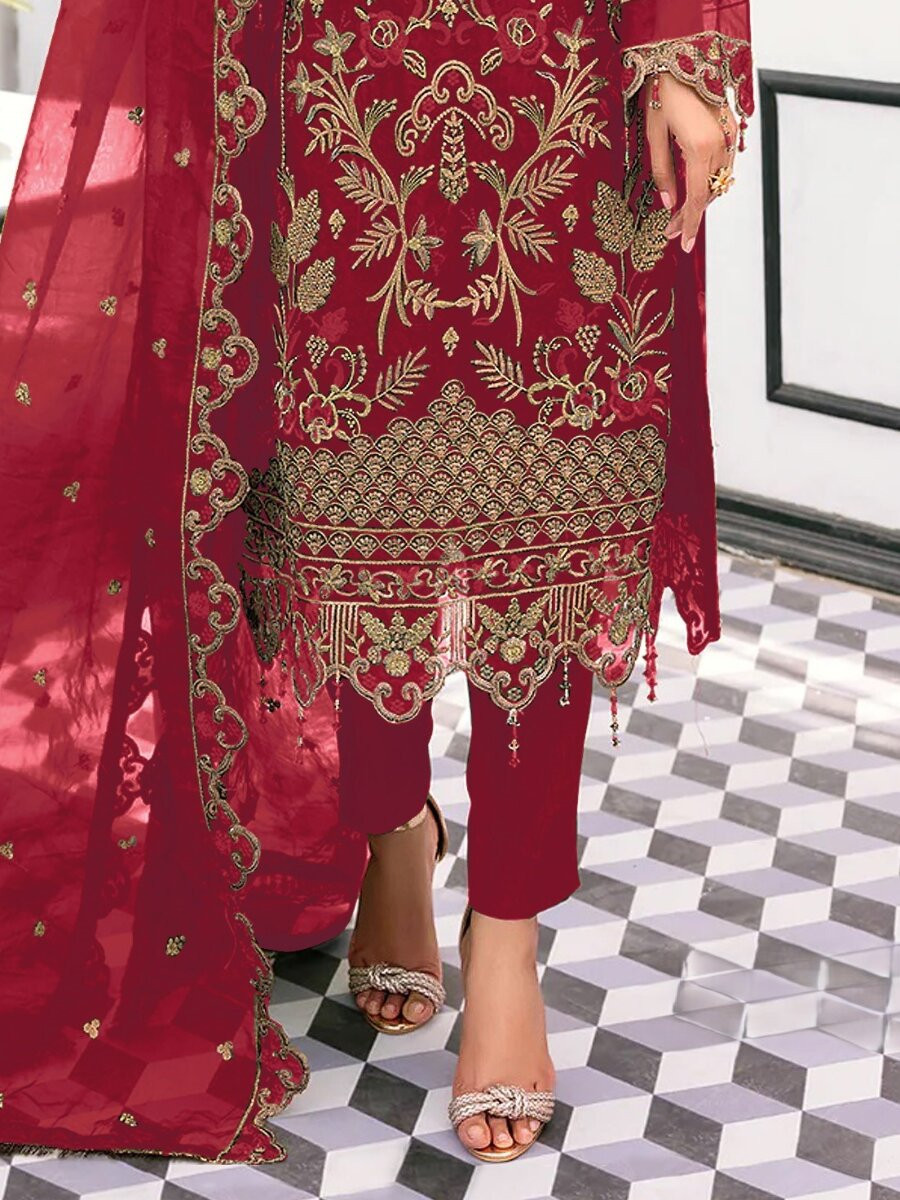 Maroon Organza Embroidery Zari Sequins Wedding Party Festival Casual Engagement Pant Salwar Kameez