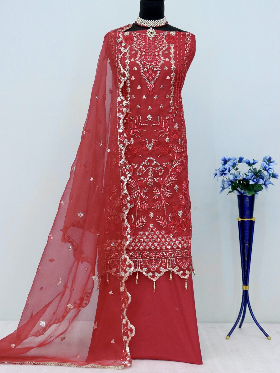 Maroon Organza Embroidery Zari Sequins Wedding Party Festival Casual Engagement Pant Salwar Kameez