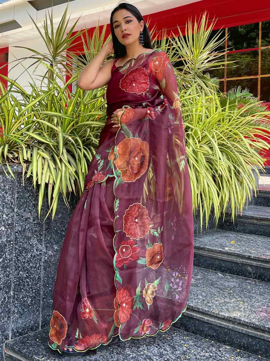 Maroon Organza Handwoven Casual Festival Classic Style Saree