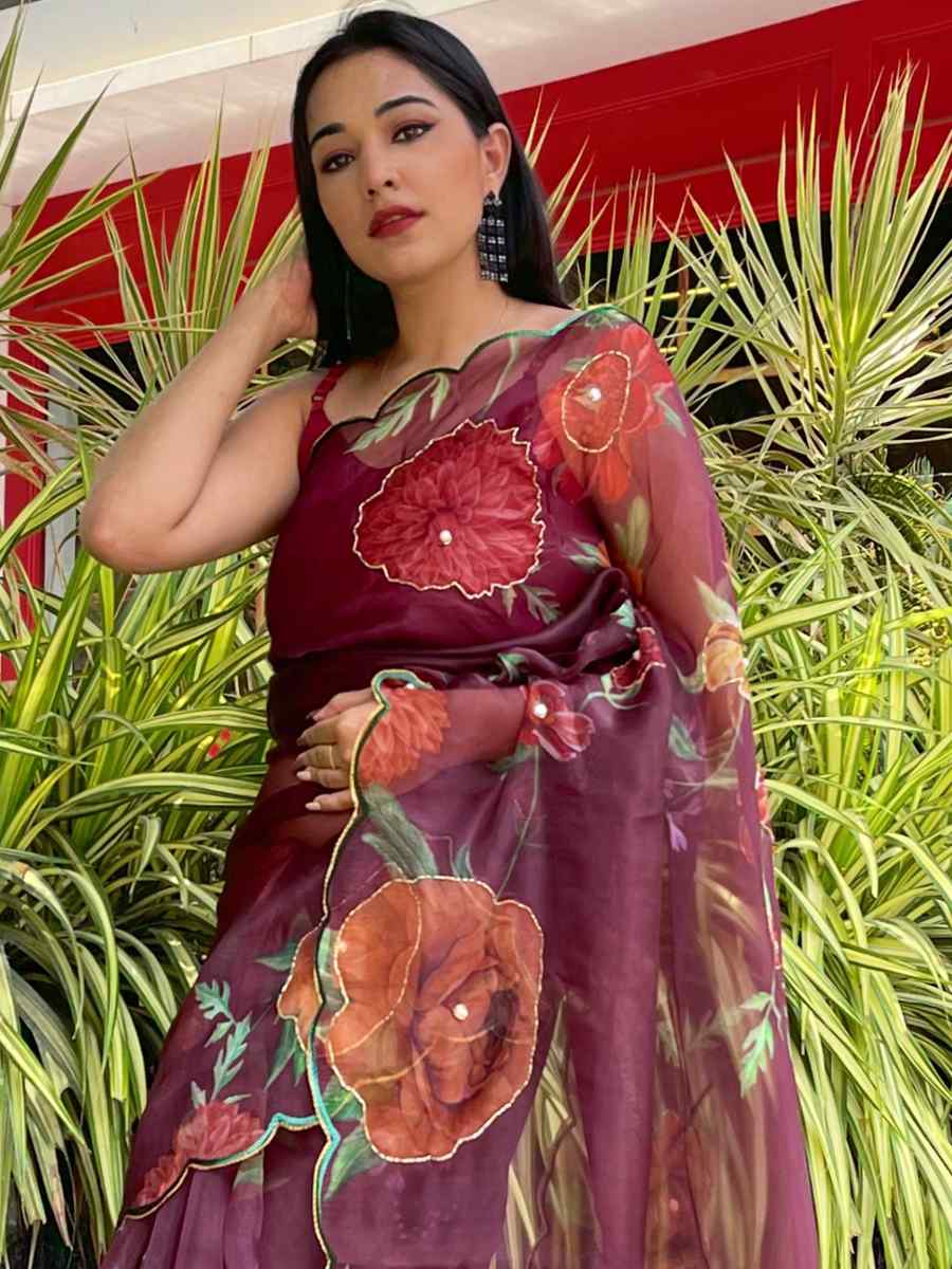 Maroon Organza Handwoven Casual Festival Classic Style Saree