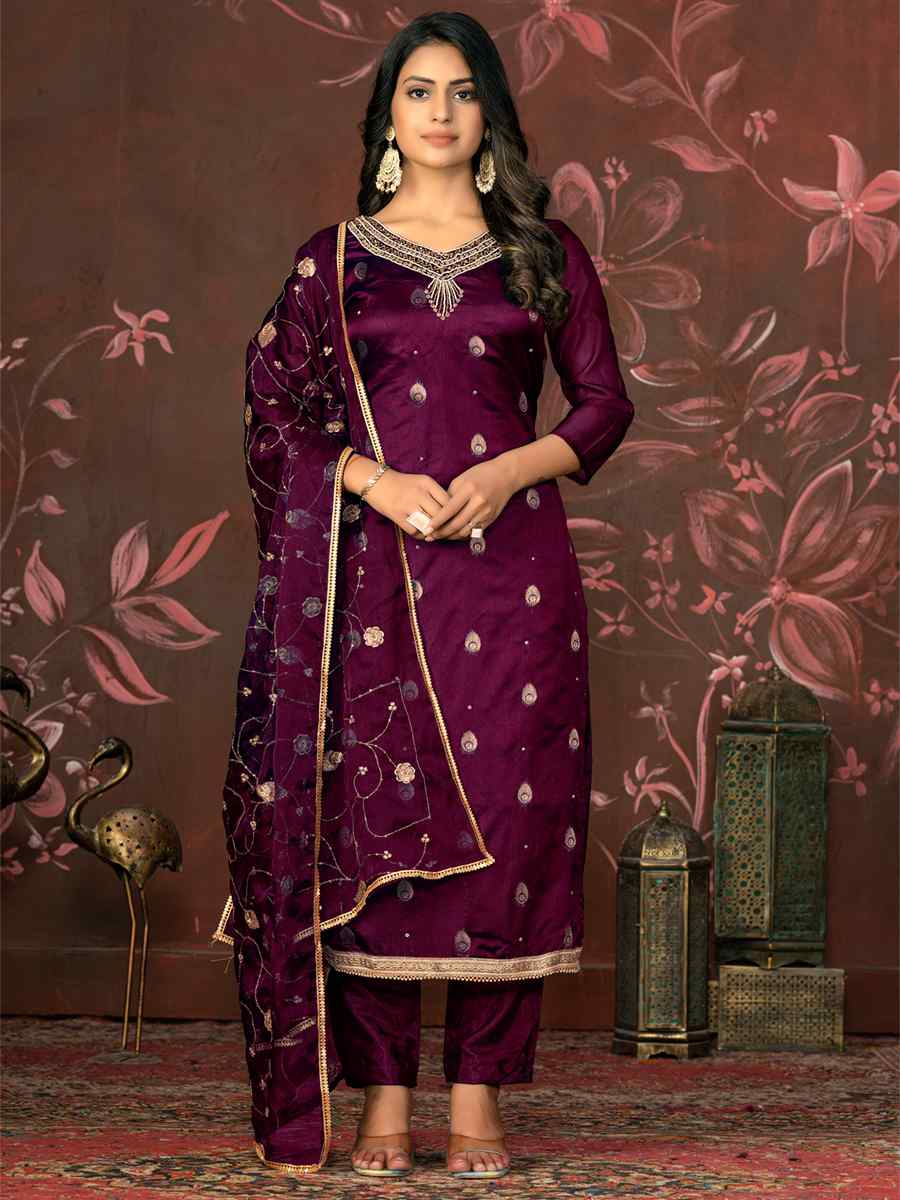 Maroon Organza Jacquard Embroidered Casual Festival Pant Salwar Kameez