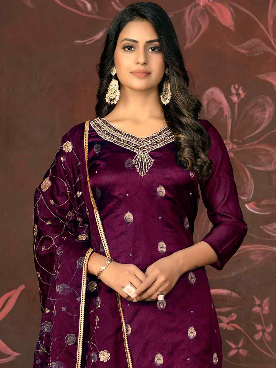 Maroon Organza Jacquard Embroidered Casual Festival Pant Salwar Kameez