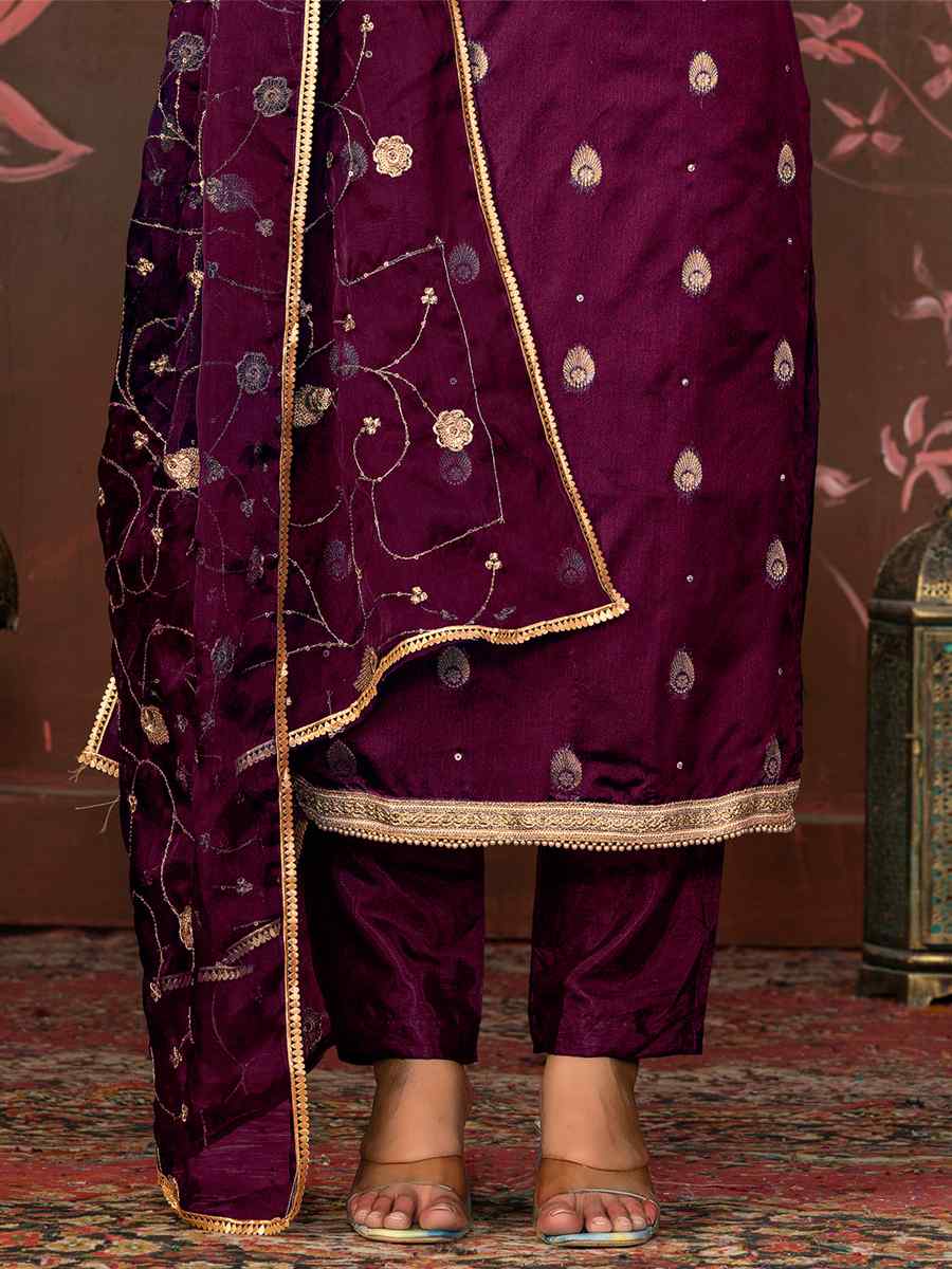 Maroon Organza Jacquard Embroidered Casual Festival Pant Salwar Kameez