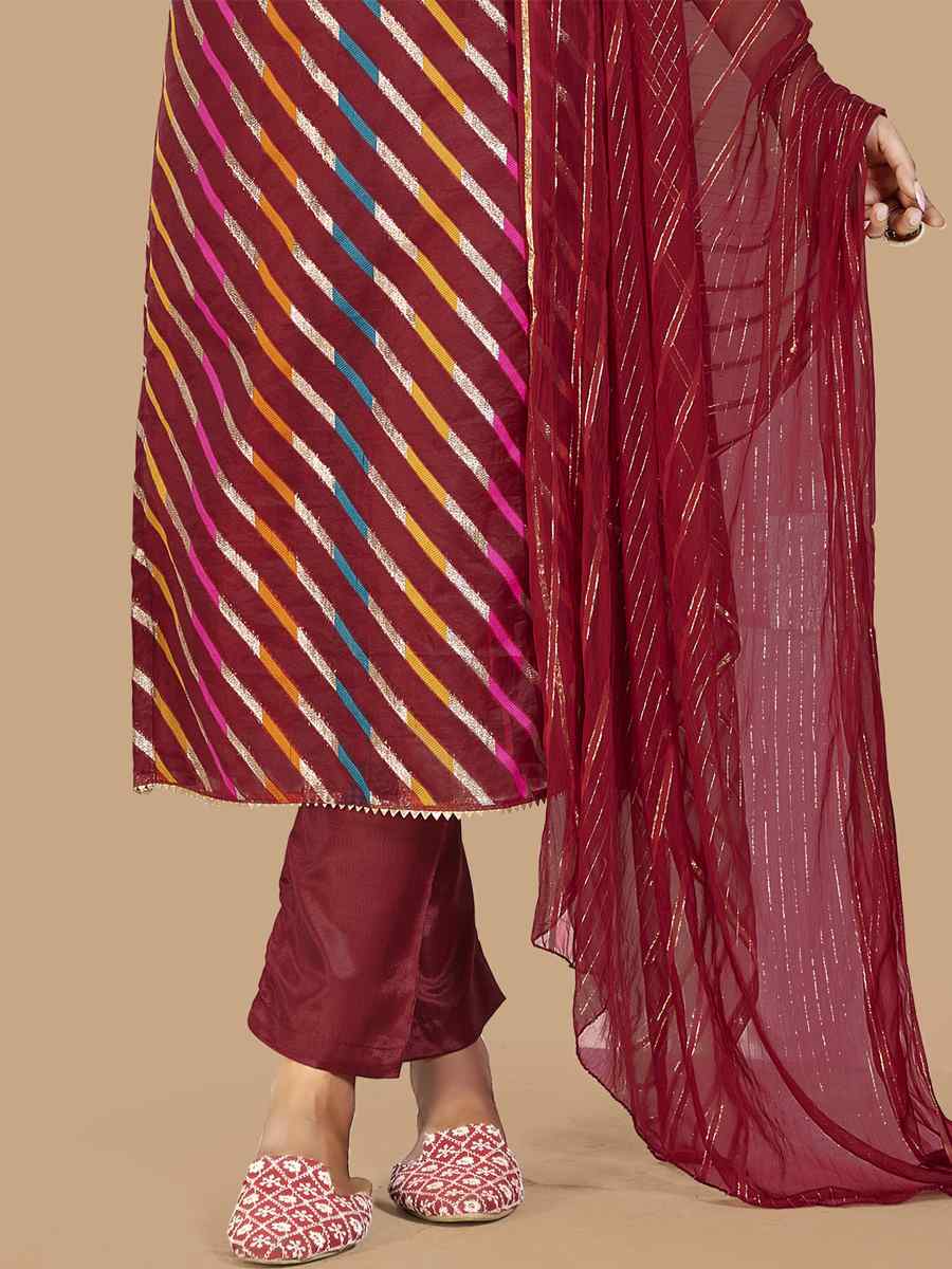 Maroon Organza Jacquard Santoon Nazneen Handwoven Casual Festival Pant Salwar Kameez