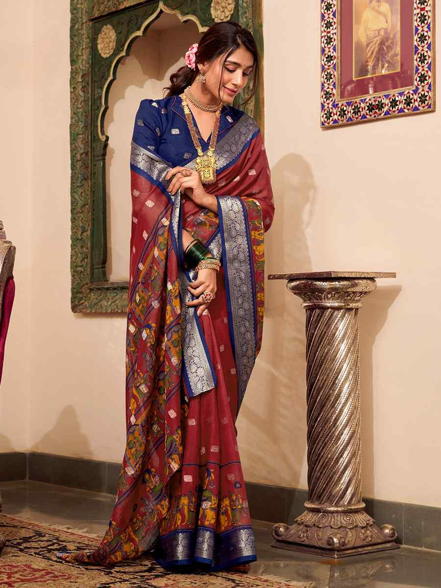 Maroon Poly Cotton Handwoven Festival Wedding Fancy Heavy Border Saree