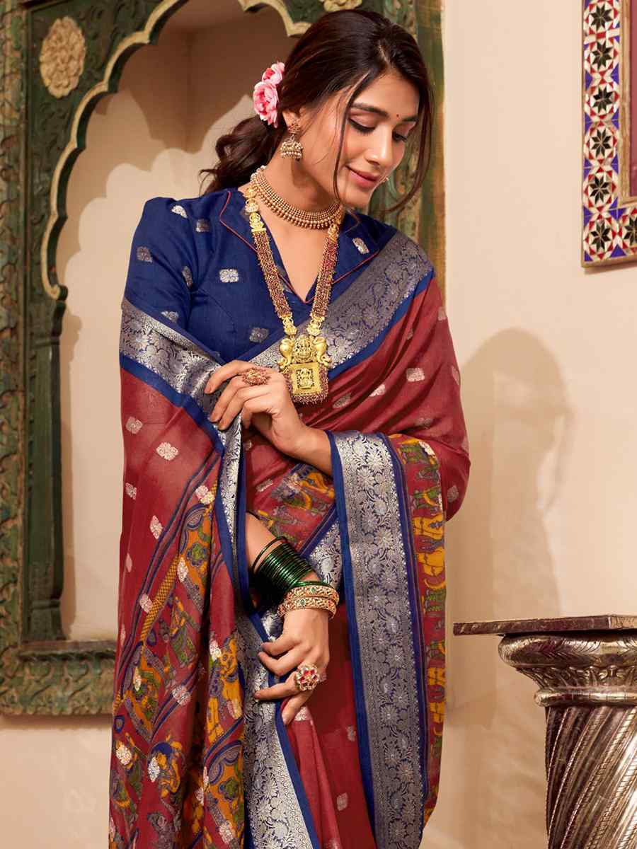 Maroon Poly Cotton Handwoven Festival Wedding Fancy Heavy Border Saree