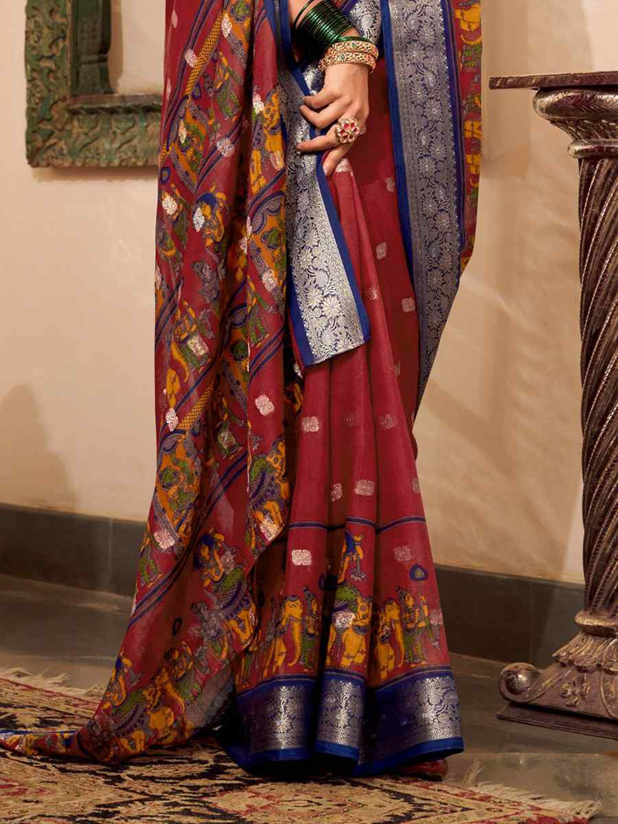Maroon Poly Cotton Handwoven Festival Wedding Fancy Heavy Border Saree