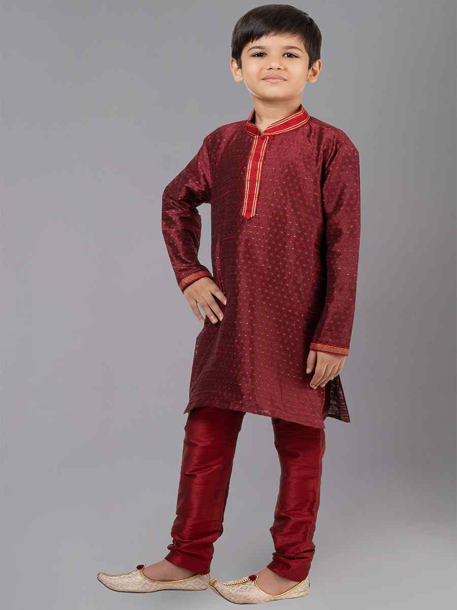 Maroon Polyester Cotton Embroidered Festival Traditional Kurta Pyjama Boys Wear