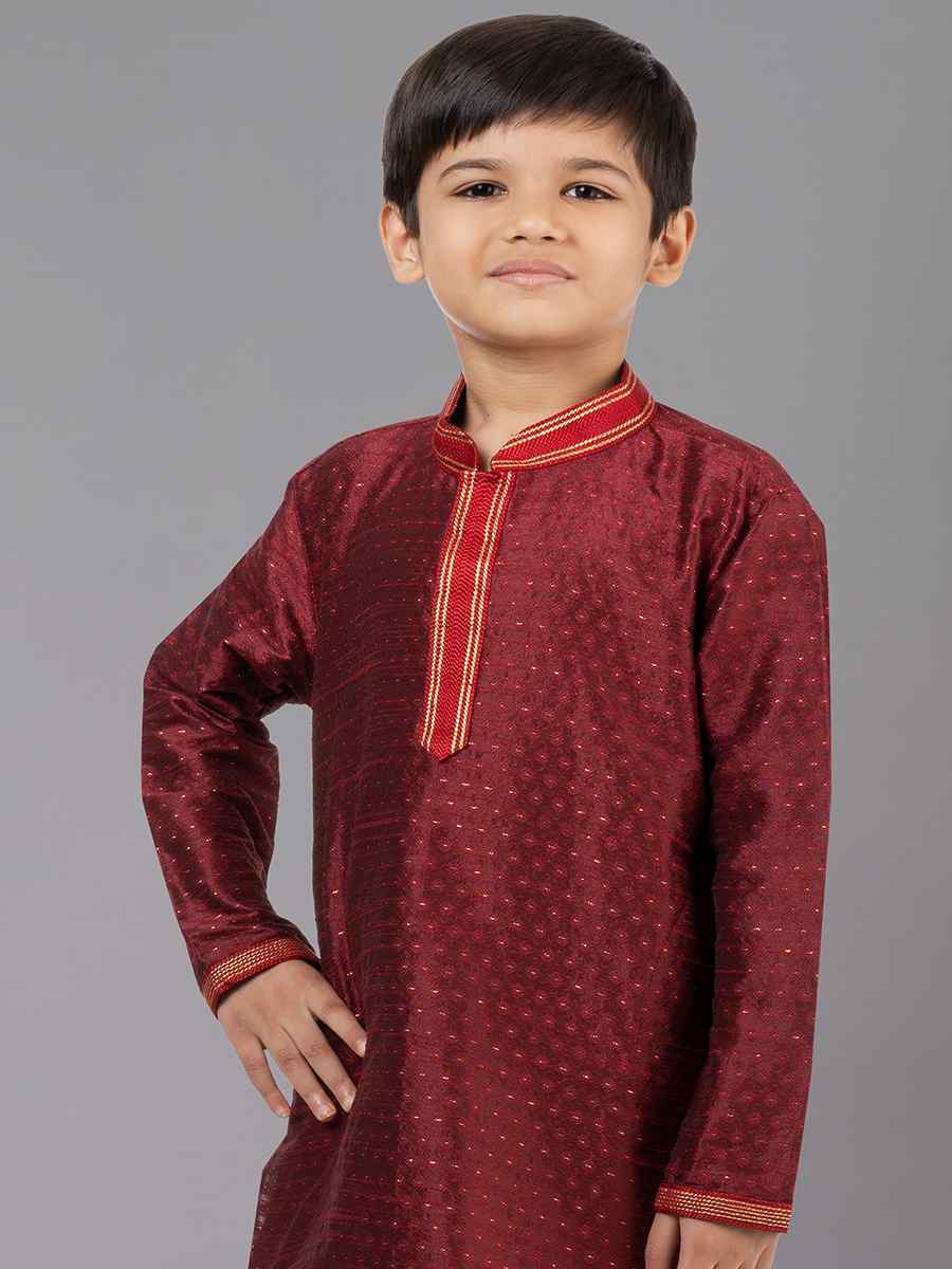 Maroon Polyester Cotton Embroidered Festival Traditional Kurta Pyjama Boys Wear