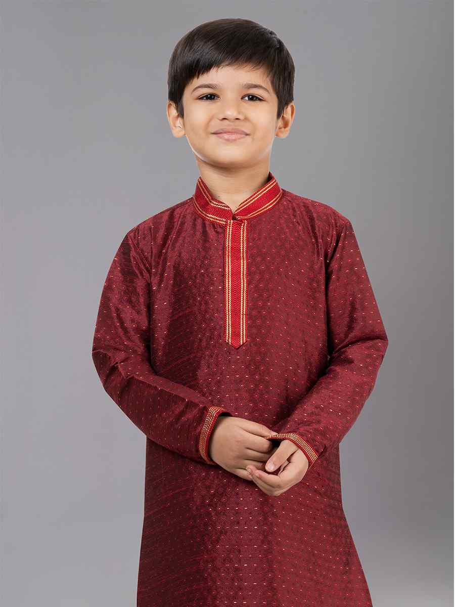 Maroon Polyester Cotton Embroidered Festival Traditional Kurta Pyjama Boys Wear