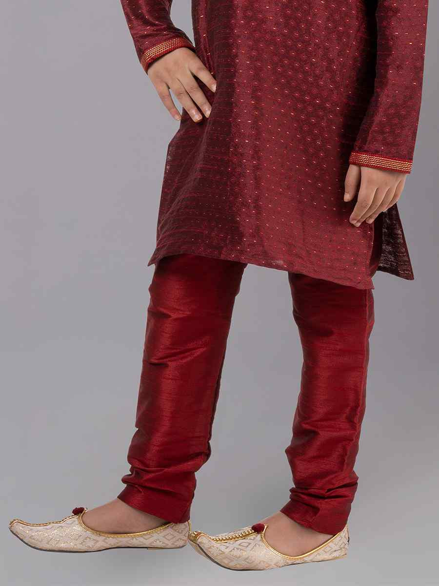Maroon Polyester Cotton Embroidered Festival Traditional Kurta Pyjama Boys Wear