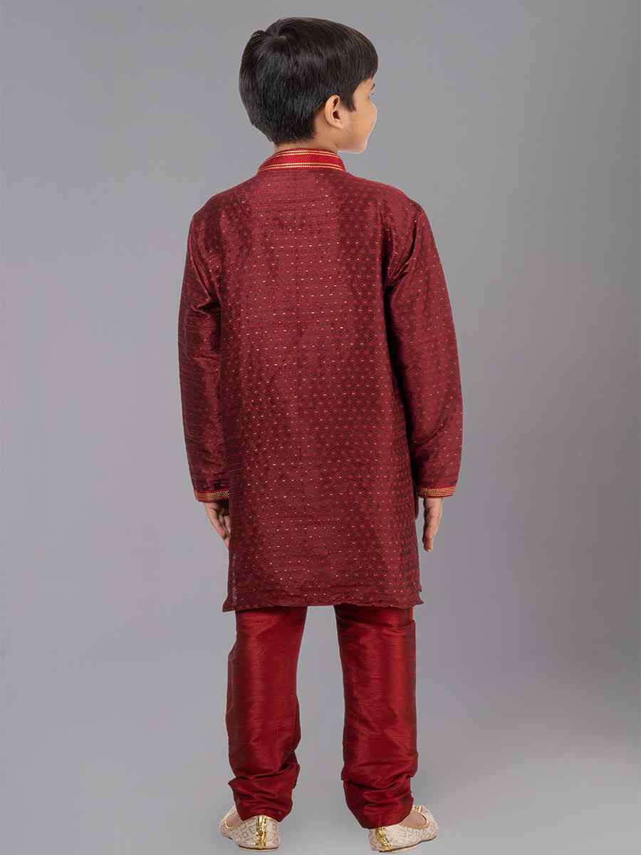 Maroon Polyester Cotton Embroidered Festival Traditional Kurta Pyjama Boys Wear