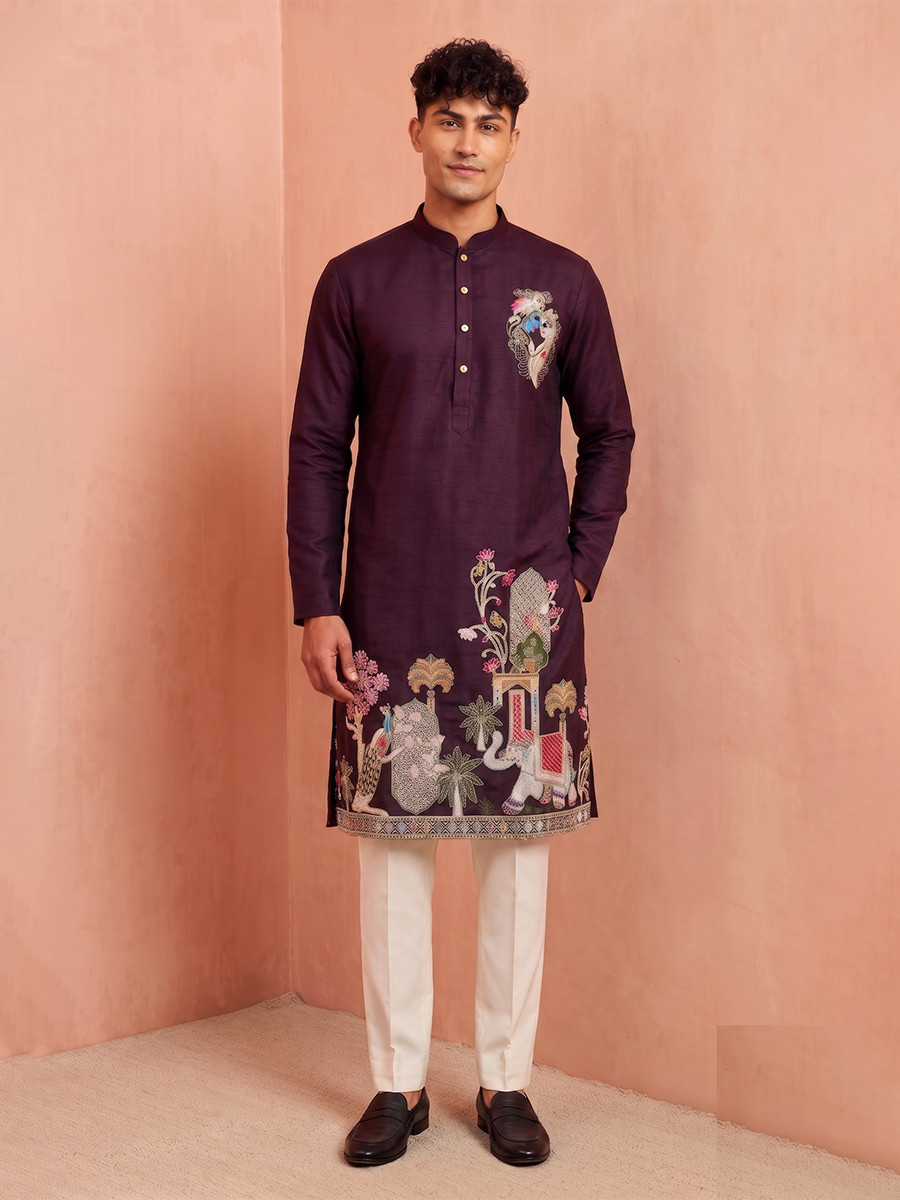 Maroon Polystar  Satin Mix Silk Embroidery Beads Wedding Party Festival Casual Mens Wear Kurta