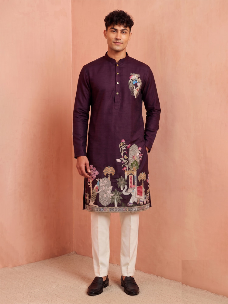 Image of Maroon Polystar &amp; Satin Mix. Silk Embroidery Beads Wedding Party Festival Casual Mens Wear Kurta