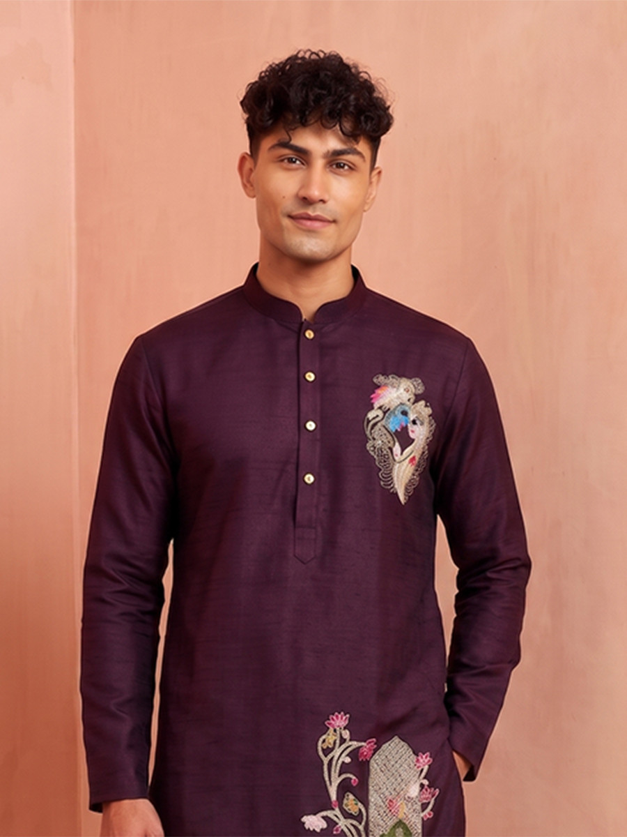 Maroon Polystar Satin Mix Silk Embroidery Beads Wedding Party Festival Casual Mens Wear Kurta
