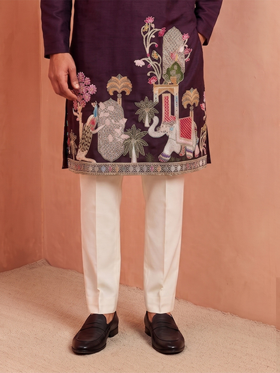 Maroon Polystar  Satin Mix Silk Embroidery Beads Wedding Party Festival Casual Mens Wear Kurta