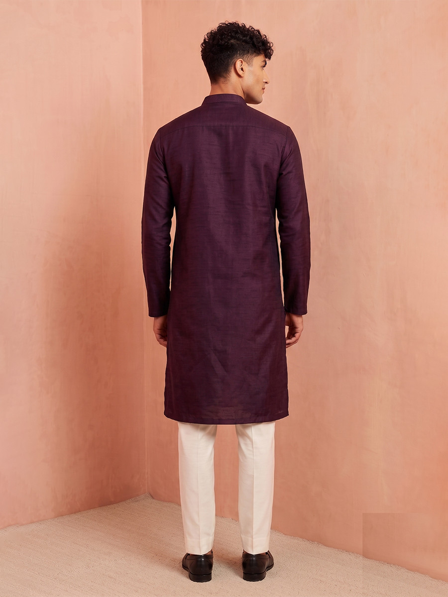 Maroon Polystar  Satin Mix Silk Embroidery Beads Wedding Party Festival Casual Mens Wear Kurta