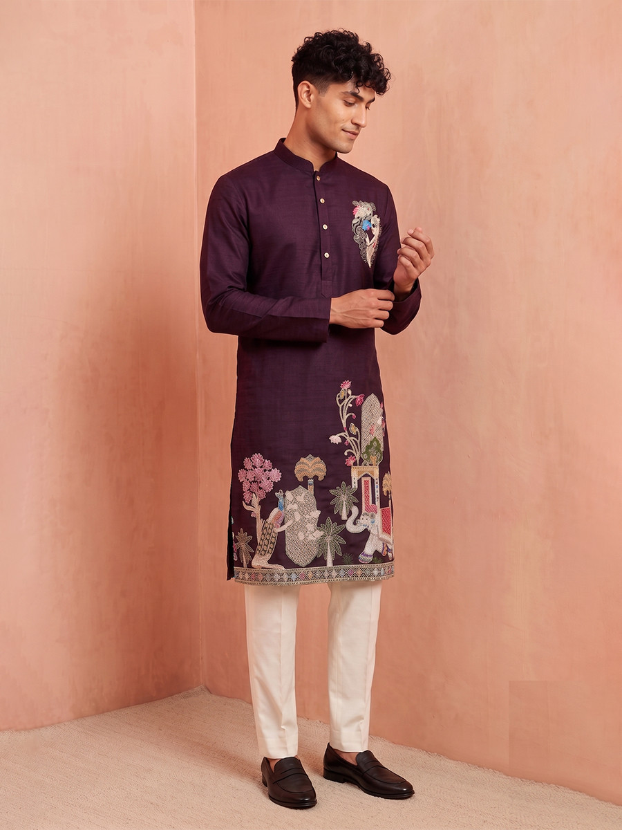Maroon Polystar  Satin Mix Silk Embroidery Beads Wedding Party Festival Casual Mens Wear Kurta