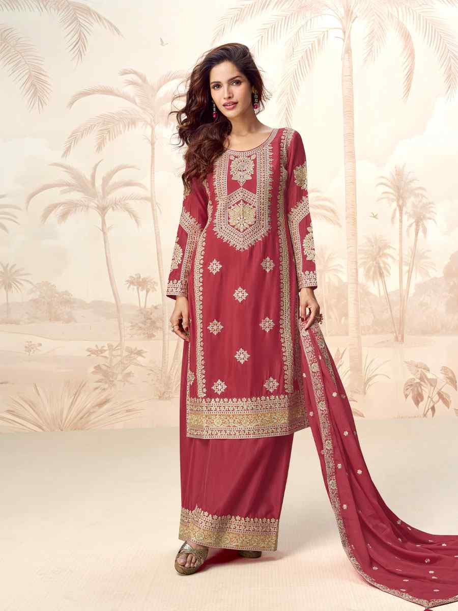 Maroon Premium Chinon Silk Embroidered Party Wedding Ready Palazzo pant Salwar Kameez