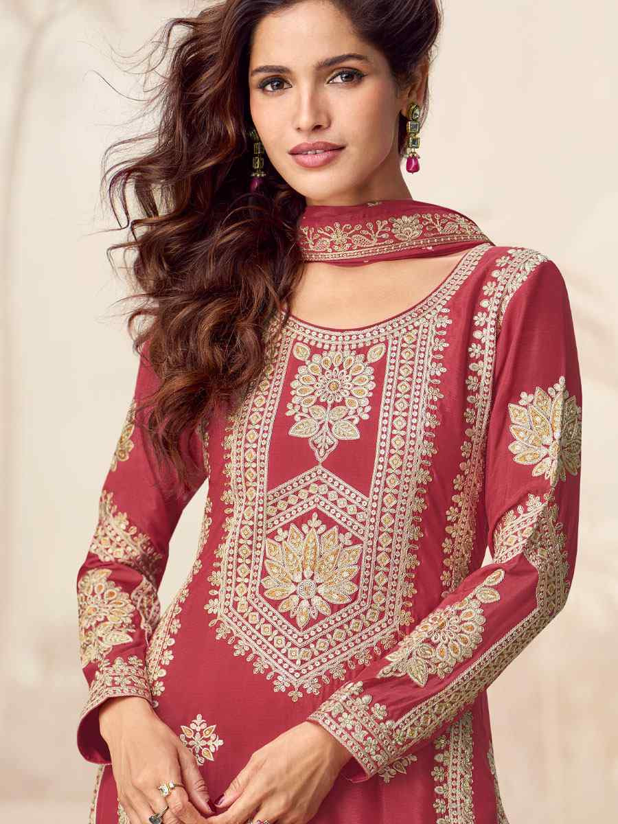 Maroon Premium Chinon Silk Embroidered Party Wedding Ready Palazzo pant Salwar Kameez
