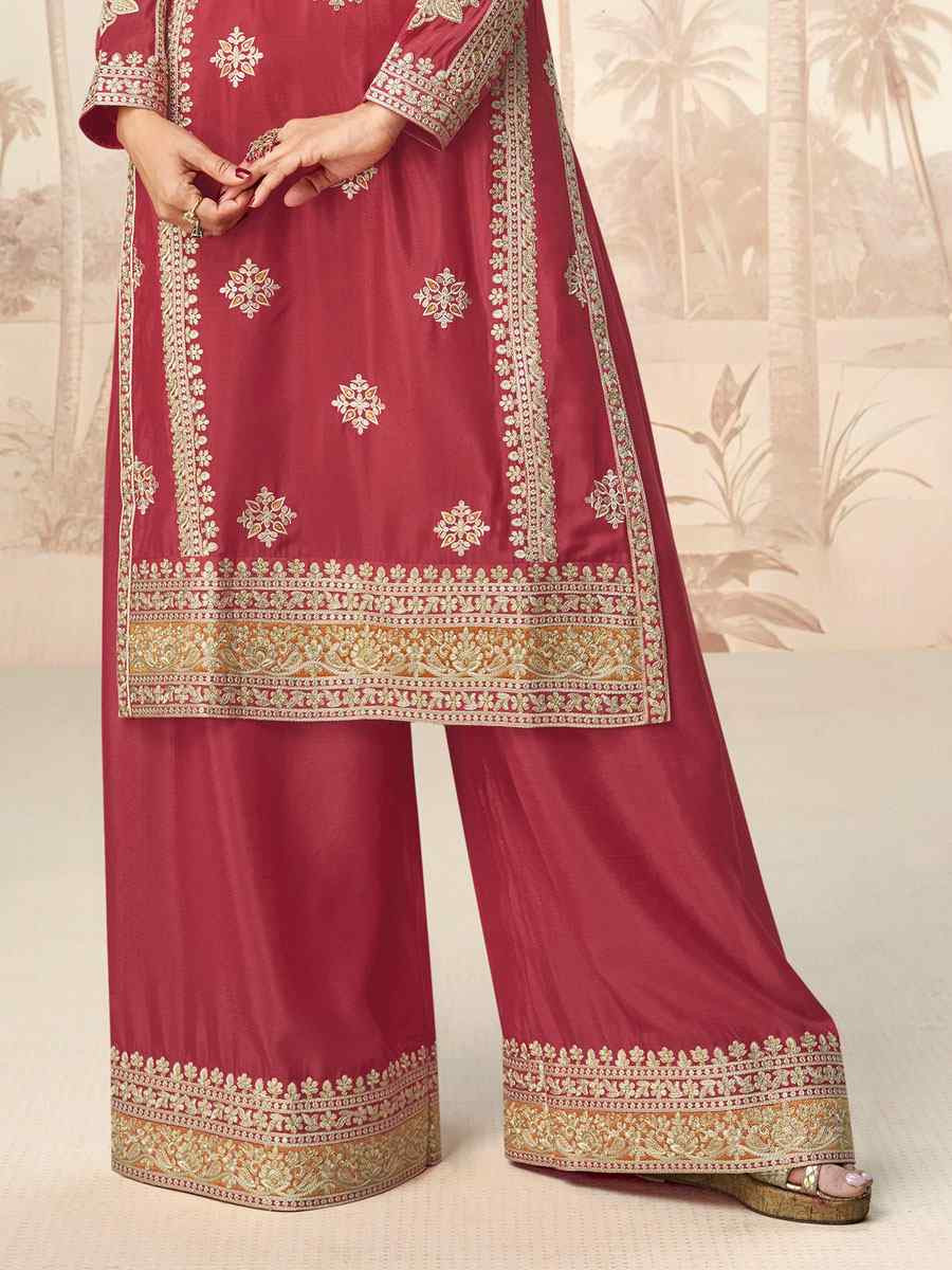 Maroon Premium Chinon Silk Embroidered Party Wedding Ready Palazzo pant Salwar Kameez