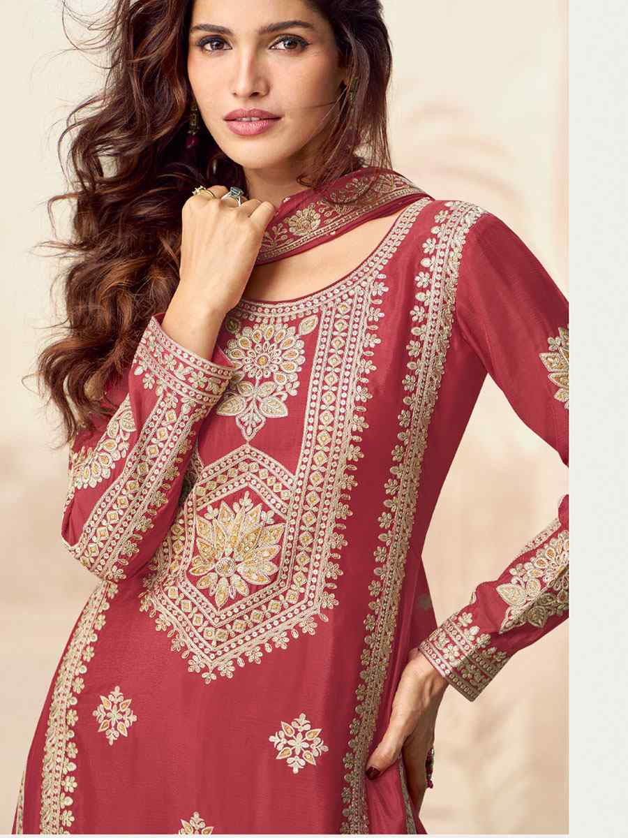 Maroon Premium Chinon Silk Embroidered Party Wedding Ready Palazzo pant Salwar Kameez