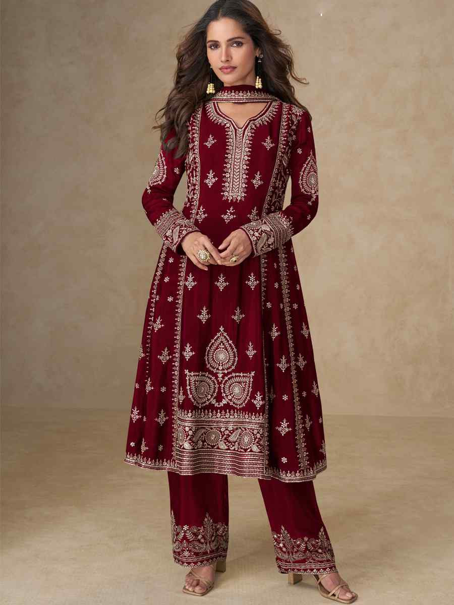 Maroon Premium Chinon Silk Embroidery Party Wedding Festival Casual Ready Pant Salwar Kameez