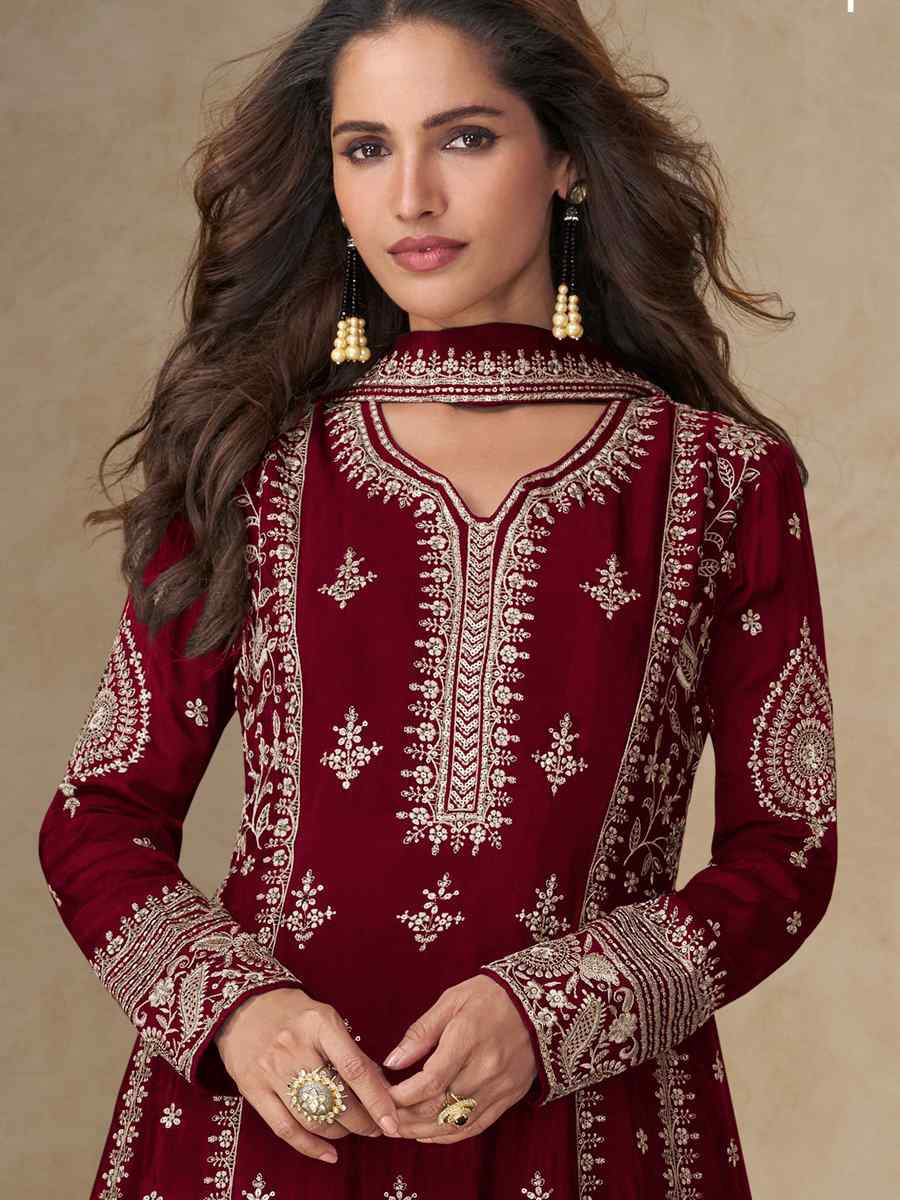 Maroon Premium Chinon Silk Embroidery Party Wedding Festival Casual Ready Pant Salwar Kameez