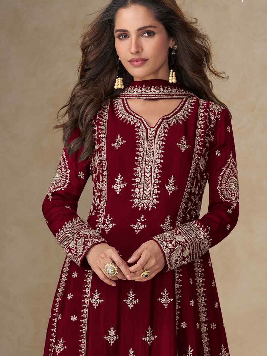 Maroon Premium Chinon Silk Embroidery Party Wedding Festival Casual Ready Pant Salwar Kameez