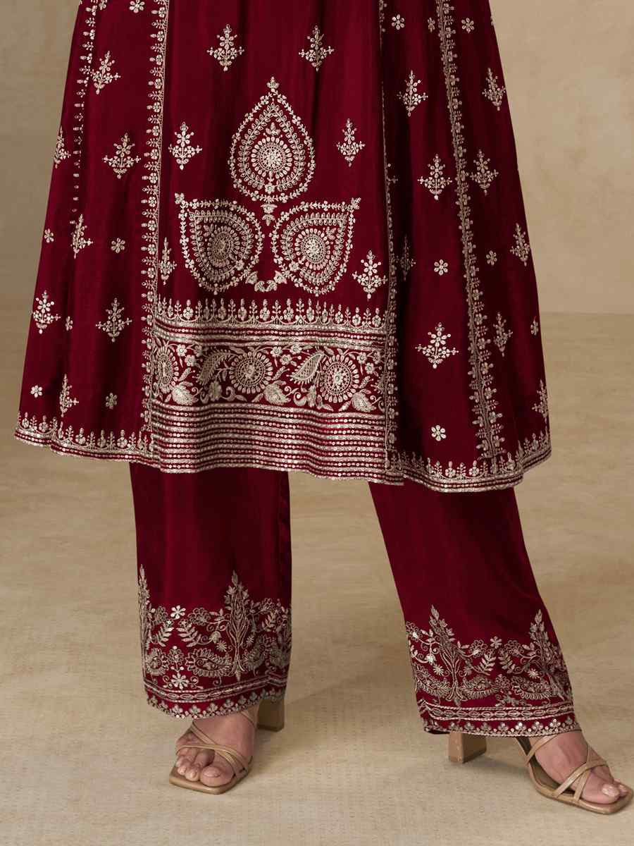 Maroon Premium Chinon Silk Embroidery Party Wedding Festival Casual Ready Pant Salwar Kameez