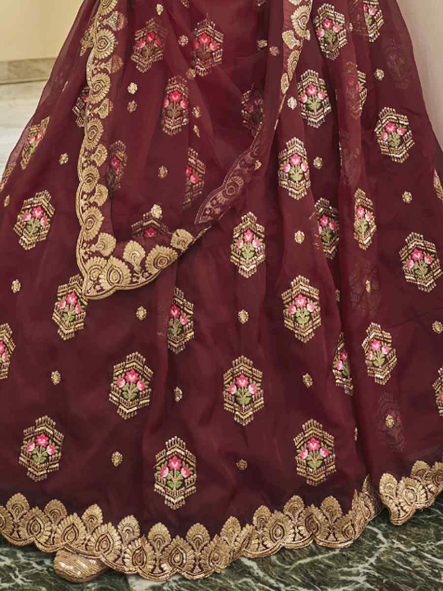 Maroon Premium Organza Embroidered Festival Party Wear Heavy Border Lehenga Choli