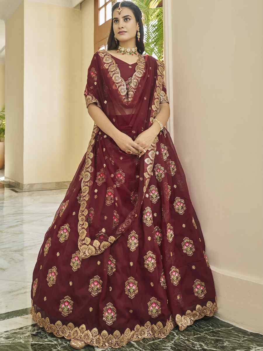 Maroon Premium Organza Embroidered Festival Party Wear Heavy Border Lehenga Choli