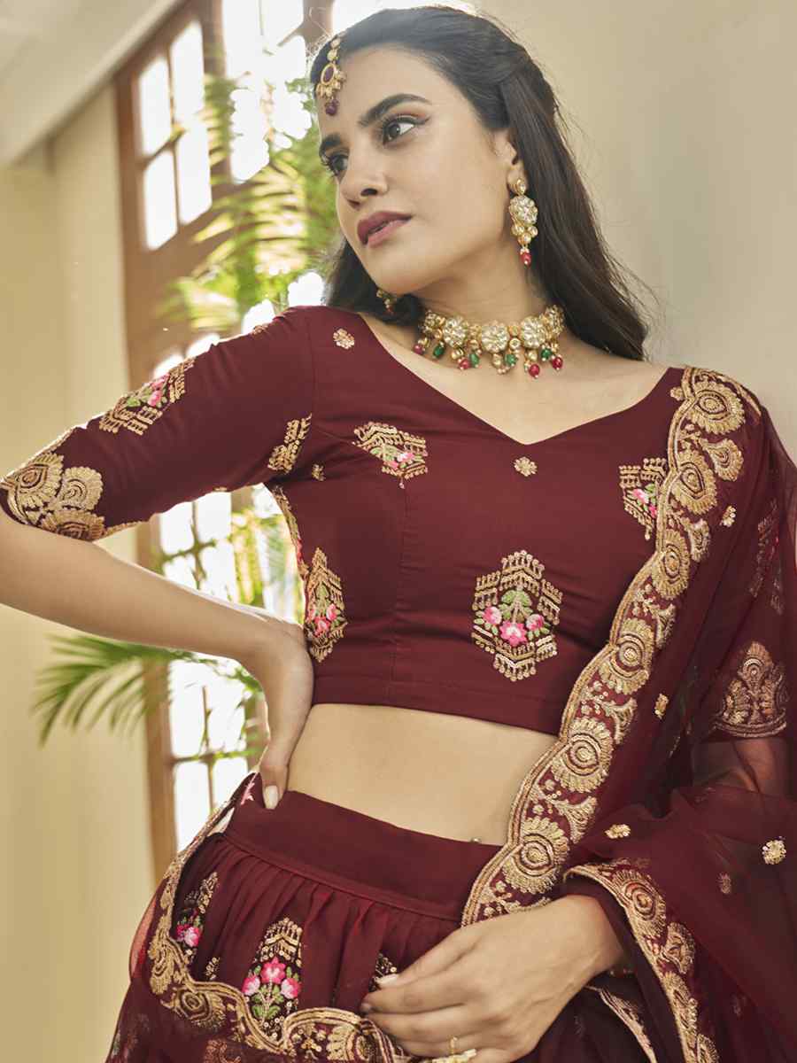 Maroon Premium Organza Embroidered Festival Party Wear Heavy Border Lehenga Choli