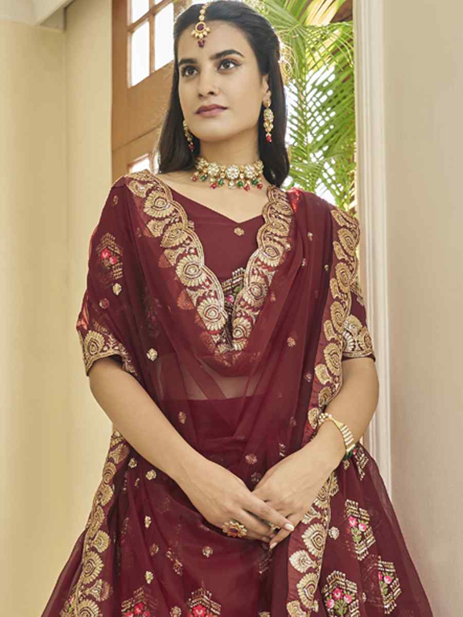 Maroon Premium Organza Embroidered Festival Party Wear Heavy Border Lehenga Choli