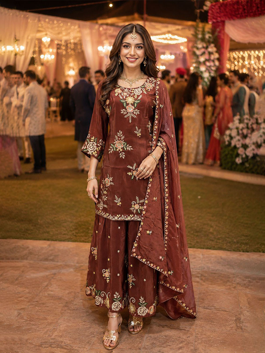 Maroon Premium Real Viscous Crape Embroidery Handwork Wedding Party Festival Casual Ready Palazzo Pant Salwar Kameez