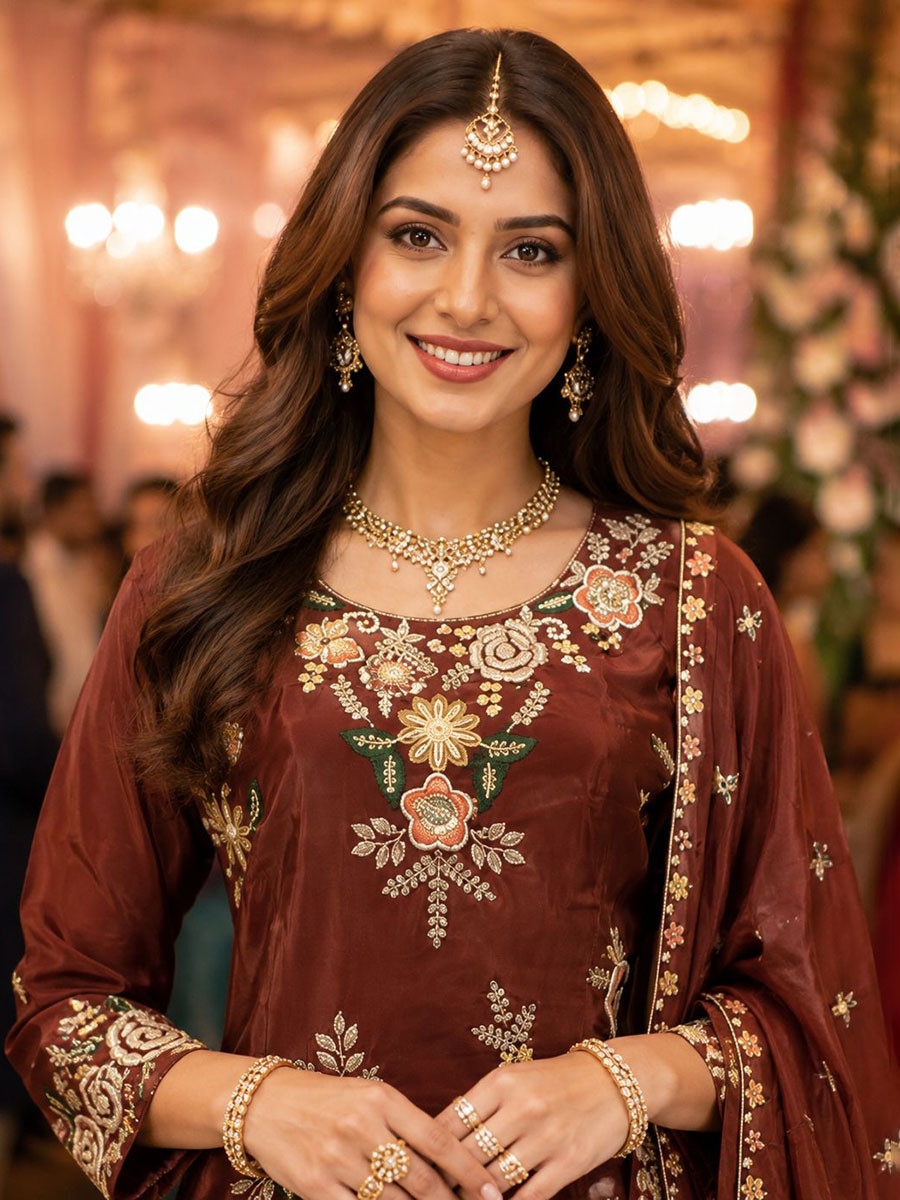 Maroon Premium Real Viscous Crape Embroidery Handwork Wedding Party Festival Casual Ready Palazzo Pant Salwar Kameez