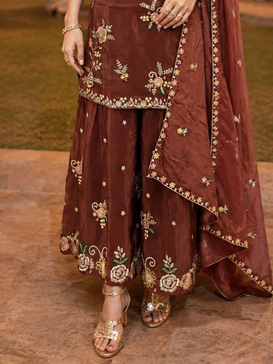 Maroon Premium Real Viscous Crape Embroidery Handwork Wedding Party Festival Casual Ready Palazzo Pant Salwar Kameez