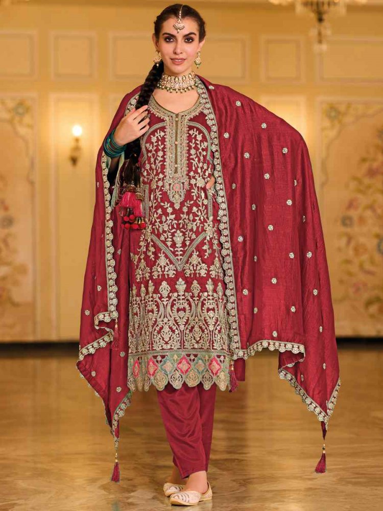 Maroon Premium Silk Embroidered Festival Casual Ready Pant Salwar Kameez